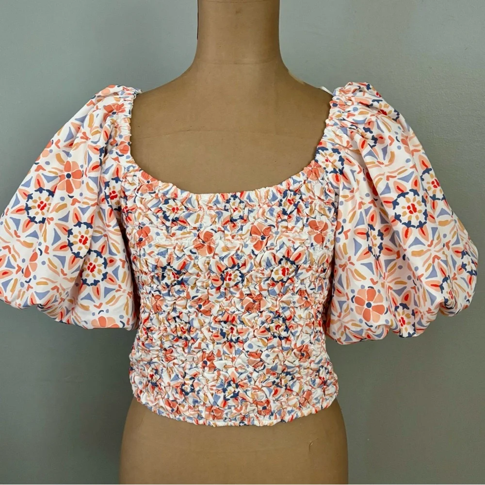 Anthropologie DOLAN Off The Shoulders Textured Floral Top Puff Sleeves Small